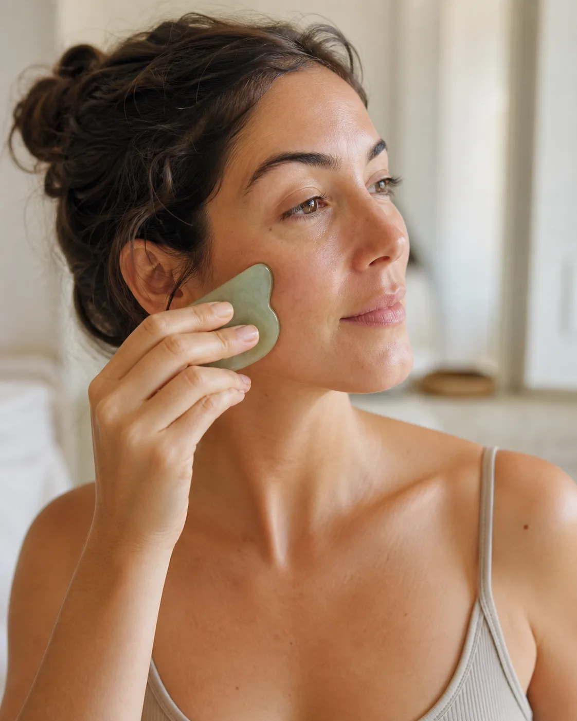 Woman gently massaging her cheek with a gua sha stone