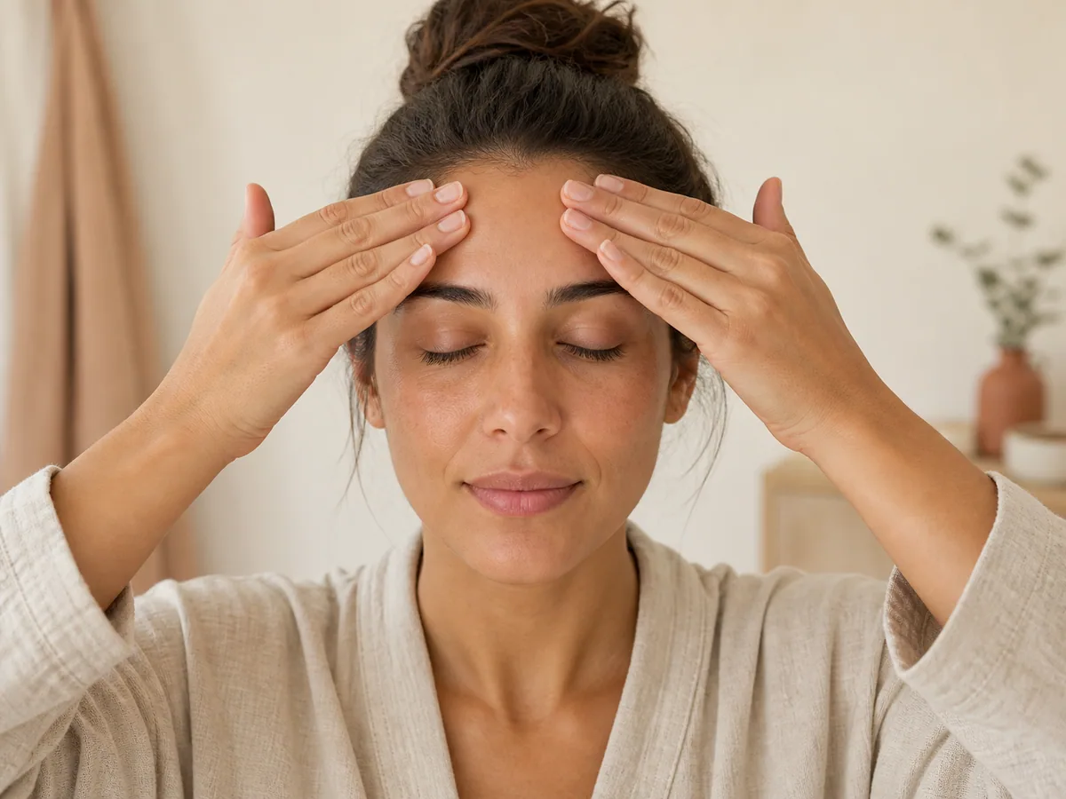 Woman placing flat fingertips near the center of her forehead for an outward facial massage stroke