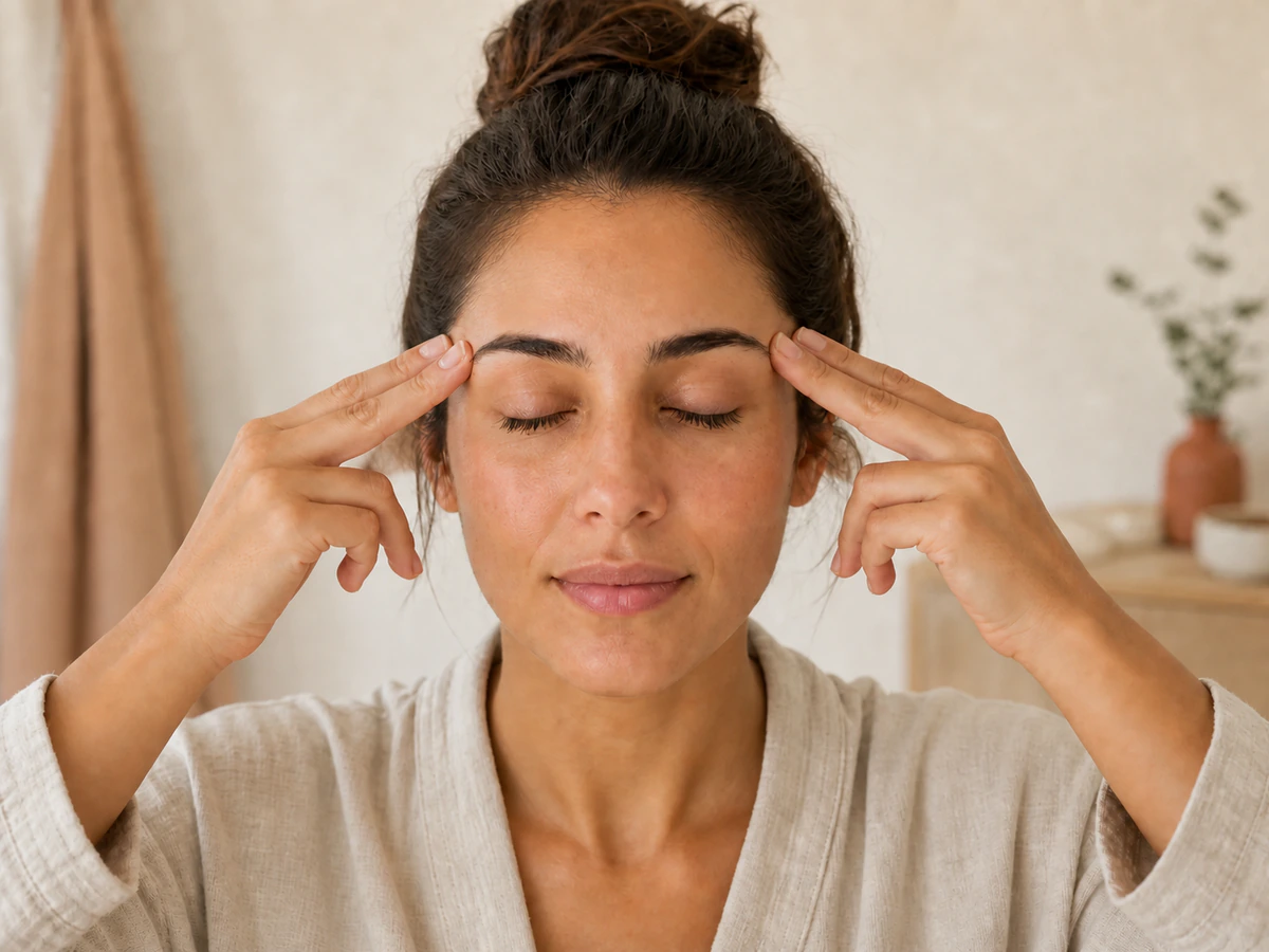 Woman resting two fingertips lightly on each temple during a facial massage