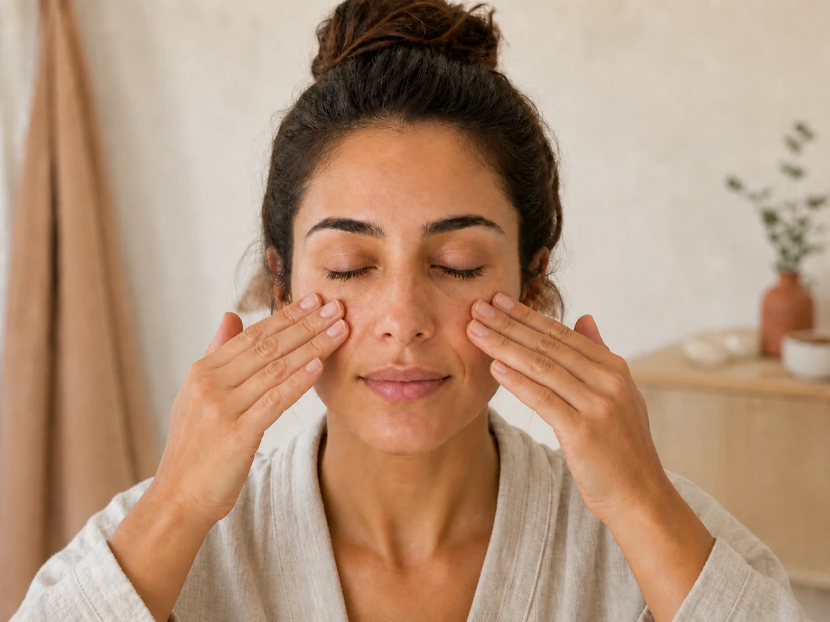 Woman using flat fingertip pads beside her nose for an outward cheek massage