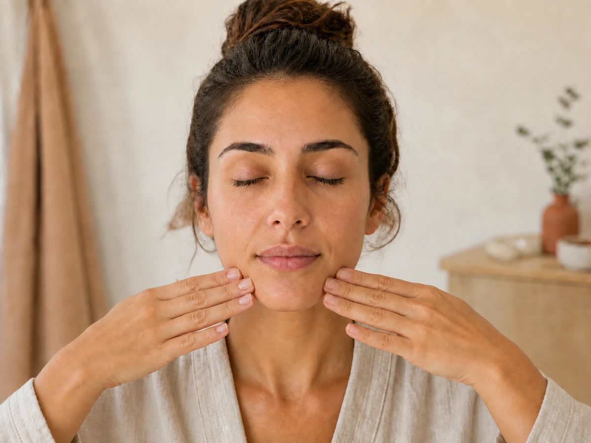 Woman placing her fingertips along the lower jawline for a gentle outward massage