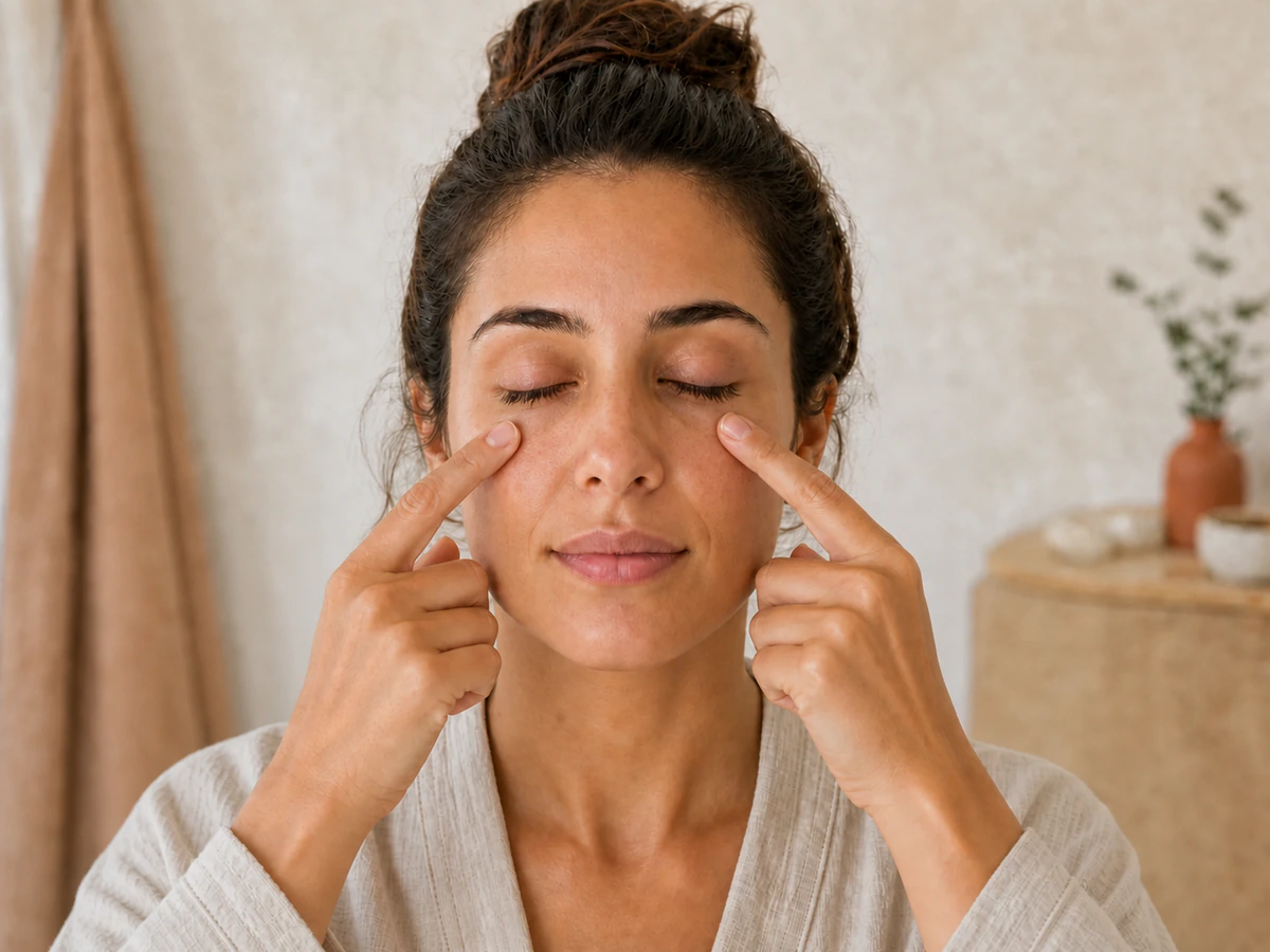 Woman touching the bony under-eye rim with one fingertip on each side