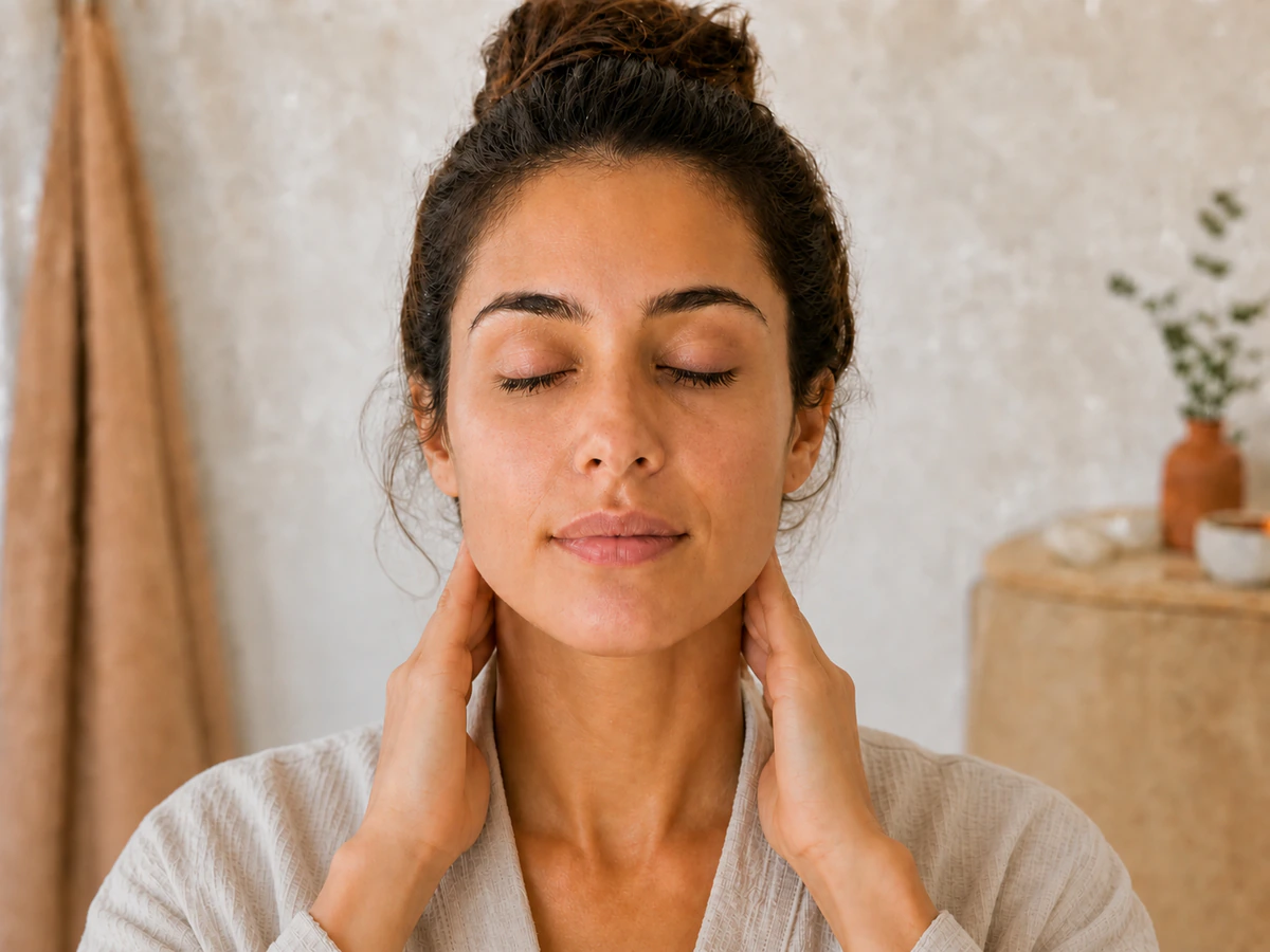 Woman placing open hands lightly on the sides and back of her neck